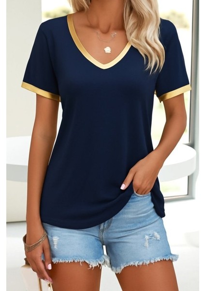 Kadın Kısa Kollu V Yakalı Viskon Bluz