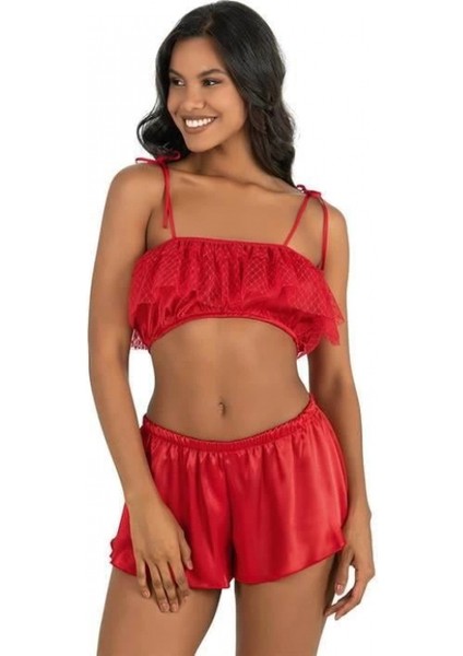 - Kırmızı Saten Şort Takımı 9206