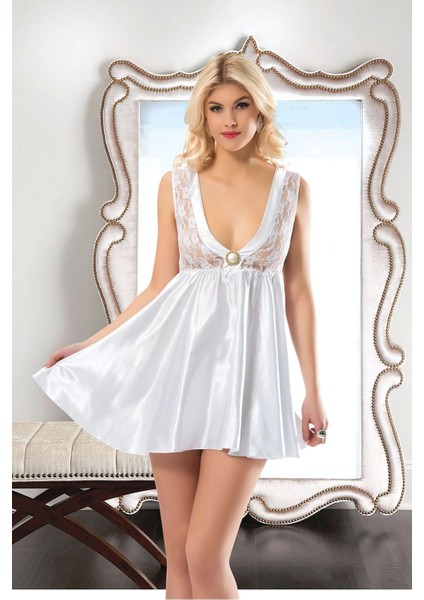 Beyaz Dantelli Saten Gecelik - M-395 indirimleri