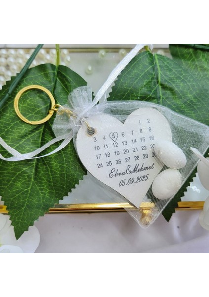 30 Adet Kese Içinde Ahşap Kalp Anahtarlık Nikah Şekeri