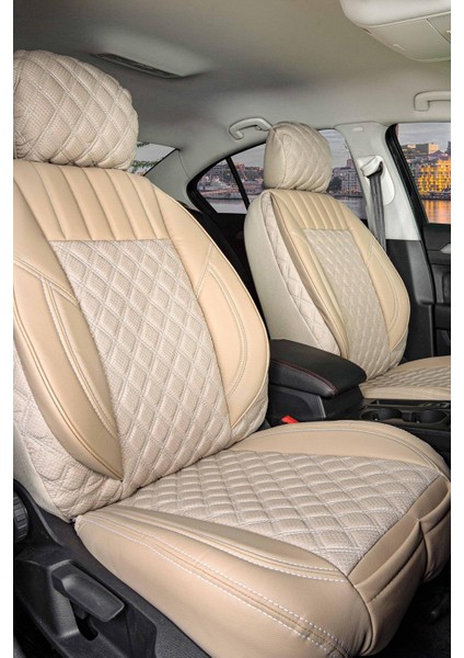 Skoda Yeti ile Uyumlu Lüx Yarı Deri Oto Koltuk Kılıfı Ön Arka Takım Petra Bej