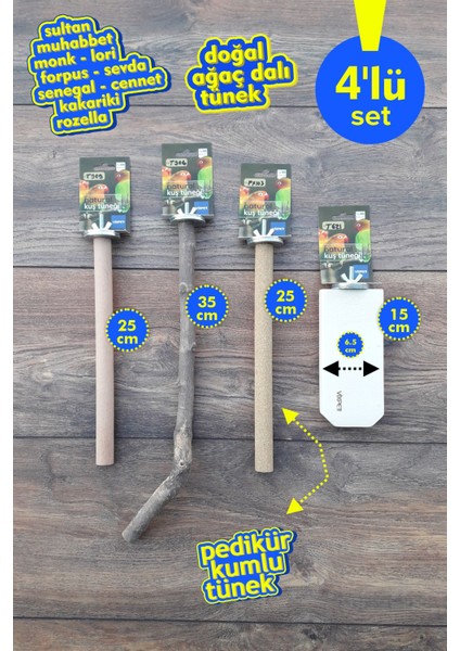 Venty 4'lü Doğal ve Kumlu Papağan Tünek Seti | Sultan, Monk, Muhabbet, Forpus, Lori, Konur, Cennet, Sevda, Kakariki - M608