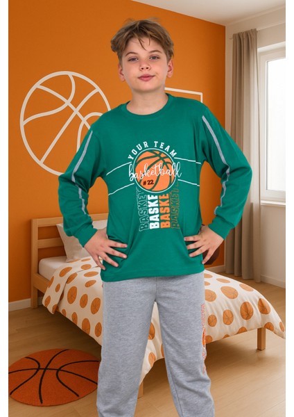 Basketbol Desenli Erkek Çocuk Pijama Takımı Yeşil