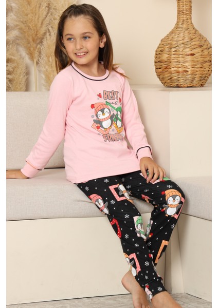 Yılbaşı Temalı Penguen Desenli Kız Çocuk Pijama Takımı - Pembe fırsatları