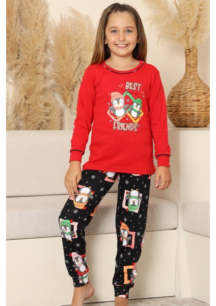 Yılbaşı Temalı Penguen Desenli Kız Çocuk Pijama Takımı - Kırmızı