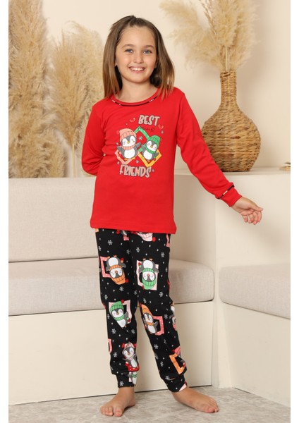 Yılbaşı Temalı Penguen Desenli Kız Çocuk Pijama Takımı - Kırmızı fiyatları