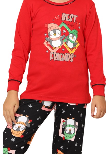 Yılbaşı Temalı Penguen Desenli Kız Çocuk Pijama Takımı - Kırmızı fırsatları