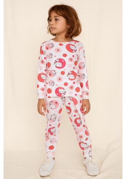 Sevimli Kedicik Desenli Kız Çocuk Pijama Takımı - Pamuklu Interlok Kumaş