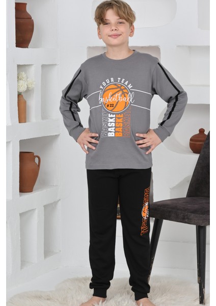 Basketbol Desenli Erkek Çocuk Pijama Takımı Gri
