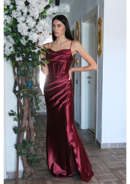 Bordo Sırtı Bağlamalı Yırtmaçlı Abiye 4522018.04