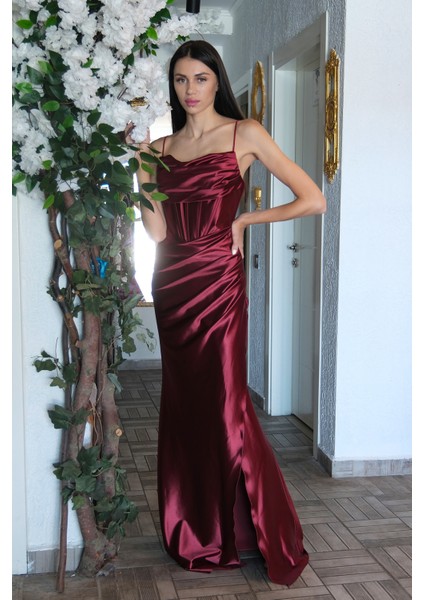 Bordo Sırtı Bağlamalı Yırtmaçlı Abiye 4522018.04