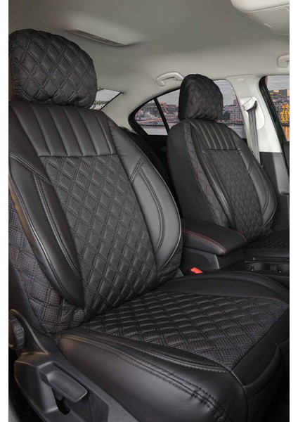 Toyota Ch-R ile Uyumlu Lüx Yarı Deri Oto Koltuk Kılıfı Ön Arka Takım Petra Siyah