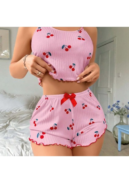 Mdb Mdbshop Pembe Kiraz Desenli Askılı Şortlu Pijama