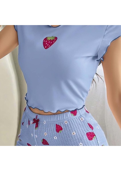 Mdb Mdbshop Çilek Desenli Mavi Seksi Pijama Takım