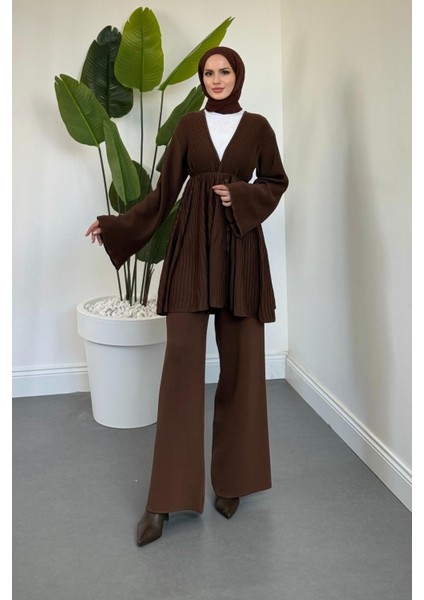 Tera Pliseli Hırka Takım Kahverengi