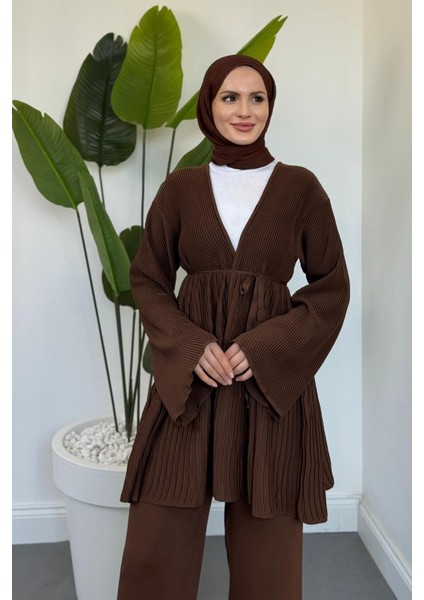 Tera Pliseli Hırka Takım Kahverengi modelleri