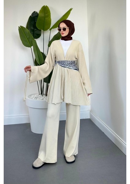 Tera Pliseli Hırka Takım Krem