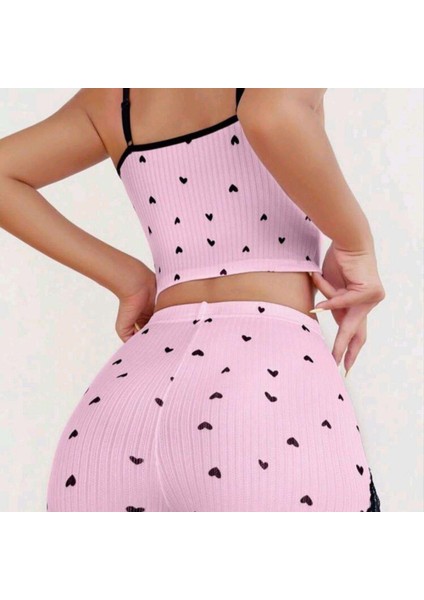 Mdb Mdbshop Pembe Kalp Desenli Askılı Şortlu Pijama Takım modelleri
