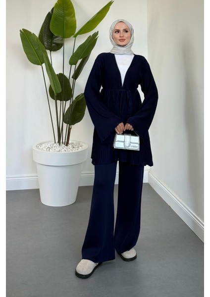 Tera Pliseli Hırka Takım Lacivert