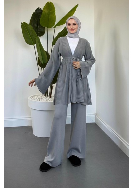 Tera Pliseli Hırka Takım Gri