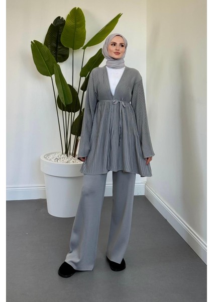 Tera Pliseli Hırka Takım Gri modelleri