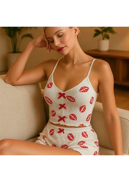 Mdb Mdbshop Dudak Desenli Şortlu Pijama Takımı modelleri