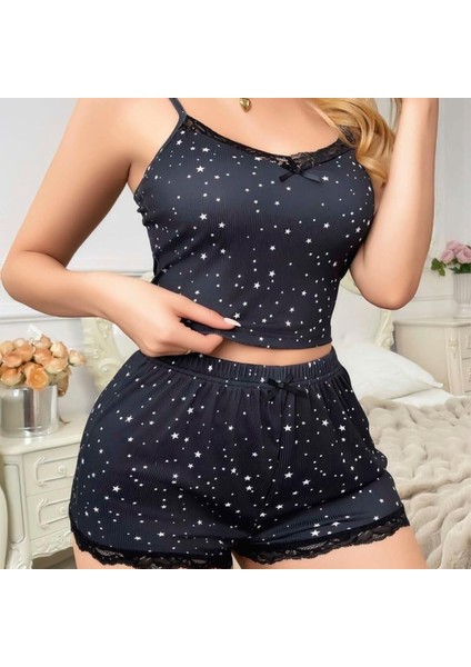 Mdb Mdbshop Yıldız Desenli Askılı Şortlu Pijama Takımı