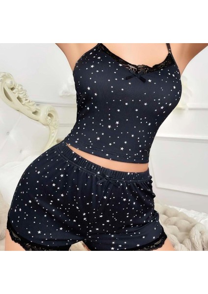 Mdb Mdbshop Yıldız Desenli Askılı Şortlu Pijama Takımı modelleri