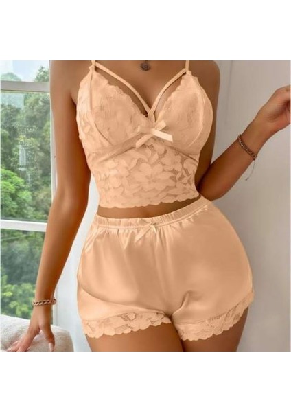 Mdb Mdbshop Sarı Dantelli Büstiyer Ince Askılı Saten Şortlu Takım