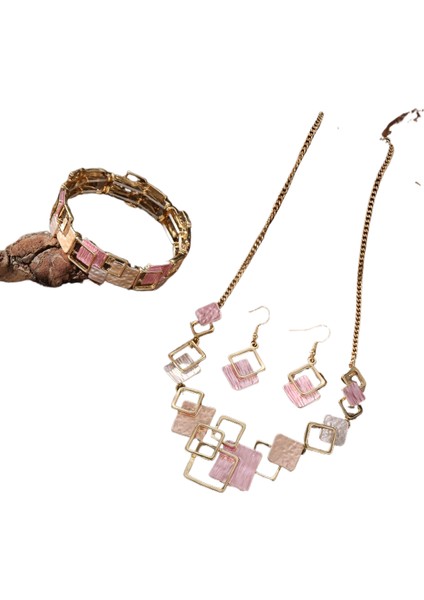 Yüksek Dereceli Bayan Renk Boyama Yağı Geometrik Kare Küpe Bilezik Kolye Seti (Yurt Dışından)