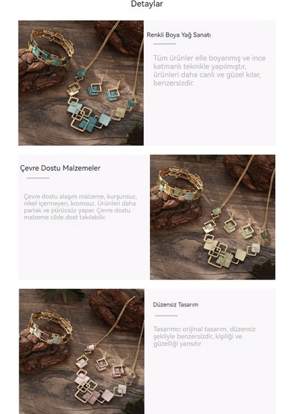 Yüksek Dereceli Bayan Renk Boyama Yağı Geometrik Kare Küpe Bilezik Kolye Seti (Yurt Dışından) fiyatları