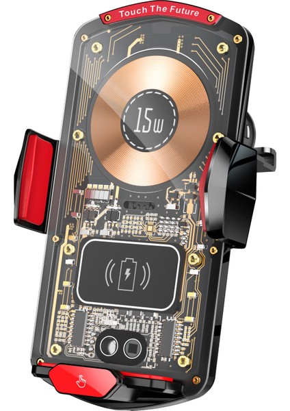 A06 Şeffaf Araç Havalandırma Menfezi Telefon Tutucu Kablosuz Şarj Cihazı Abs+Alaşımlı Telefon Şarj Braketi-Kırmızı+Siyah (Yurt Dışından)