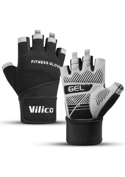 Vılıco A0146 Fitness Yarım Parmak Eldiven Genişletilmiş Bilek Kayışı Kaymaz Ağırlık Kaldırma Dambıl Antrenman Eldiveni-Siyah/l (Yurt Dışından)