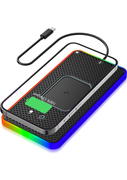 Kaymaz Telefon Şarj Pedi Düğme Kontrollü Rgb Işıklı Araç Kablosuz Şarj Cihazı 0,3 M Tip-C Kablo (Yuvarlak) (Yurt Dışından)