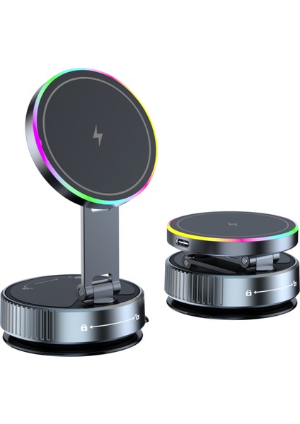 K3 Dönen Manyetik Araç Telefon Tutucu Kablosuz Şarjlı Vakumlu Masaüstü Standı Renkli Işıklı (Yurt Dışından)