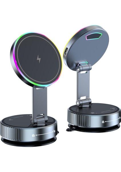 K3 Dönen Manyetik Araç Telefon Tutucu Kablosuz Şarjlı Vakumlu Masaüstü Standı Renkli Işıklı (Yurt Dışından) fiyatları