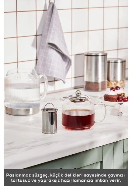 Kelly İndüksiyon Tabanlı Borosilikat Cam Midi Çaydanlık – Isıya Dayanıklı, Paslanmaz Çelik Süzgeçli, 2,1 L Şeffaf