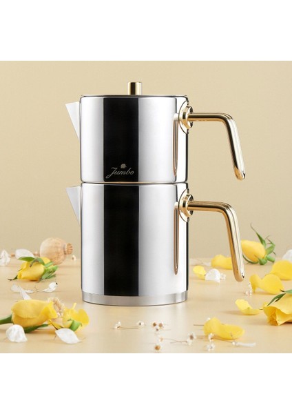 Metalix Midi Paslanmaz Çelik Çaydanlık Seti 0,9 L Demlik + 1,2 L Suluk, Ergonomik Kulp ve İndüksiyon Uyumlu Titanyum Gold Tasarım