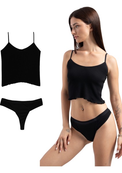 Lounge Crop & Spor Tanga - Siyah Set