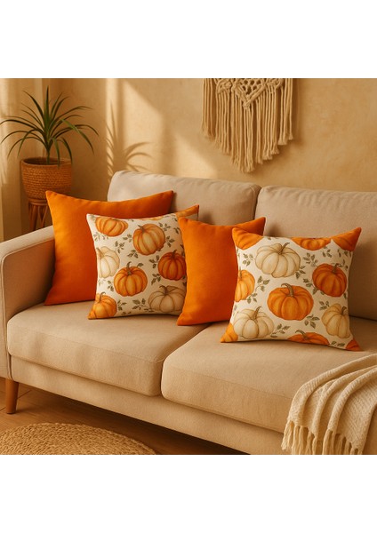 🍂hoşgeldin Sonbahar🍂 – Dörtlü Dekoratif Kırlent Kılıfı Seti – Turuncu Balkabağı Desenli Bohem – 4 Al 1 Öde Kampanya modelleri