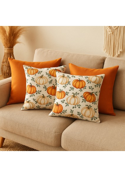 🍂hoşgeldin Sonbahar🍂 – Dörtlü Dekoratif Kırlent Kılıfı Seti – Turuncu Balkabağı Desenli Bohem – 4 Al 1 Öde Kampanya fırsatları