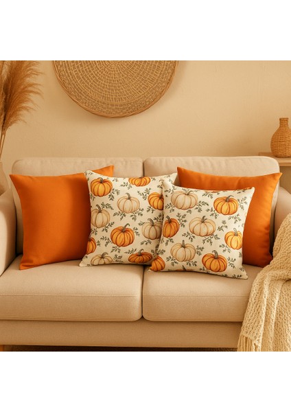 🍂hoşgeldin Sonbahar🍂 – Dörtlü Dekoratif Kırlent Kılıfı Seti – Turuncu Balkabağı Desenli Bohem – 4 Al 1 Öde Kampanya indirimleri