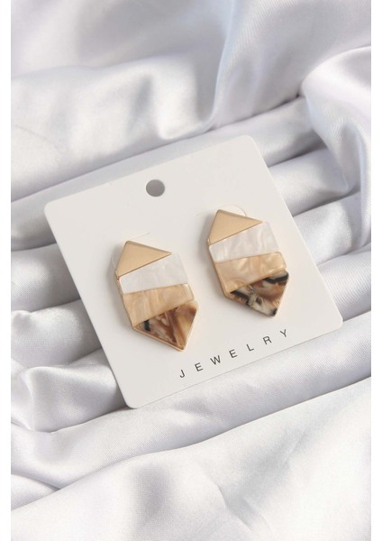 Pirinç Bej Beyaz Renkli Desenli Geometrik Küpe