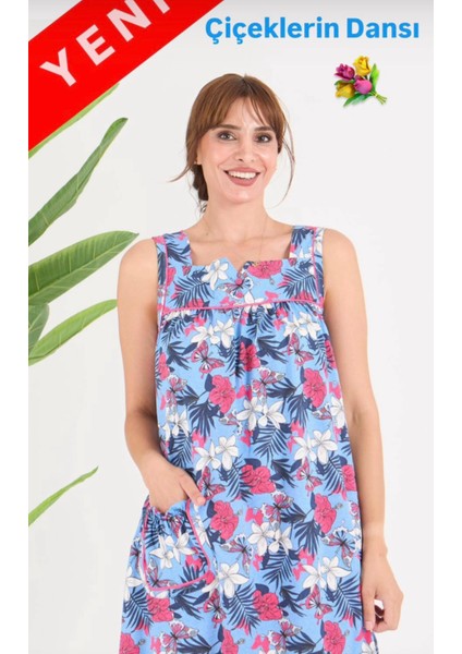 Pamuklu Kumaştan Geniş Kesim Yeni Desen Cepli Büyük Beden Mavi Desenli Ev Elbise