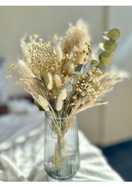 Dekoratif Kuru Çiçek Buketi, Aranjmanı, Pamuk Otu, Okaliptus, Pampas, Vazoluk, Dekorasyon (Vazosuz)