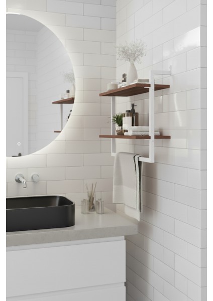 40x20 cm Banyo Rafı Duvara Monte Havluluk 2 Katlı Dekoratif Düzenleyici Organizer Beyaz Metal fırsatları
