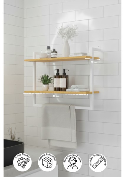40x20 cm Banyo Rafı Duvara Monte Havluluk 2 Katlı Dekoratif Düzenleyici Organizer Beyaz Metal