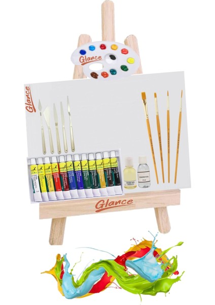 Ahşap Masaüstü Şövale Seti – 25x38 Tuval, 12x12 ml Yağlı Boya, Palet, Fırça, Spatül ve Tam Resim Aksesuarları fiyatları