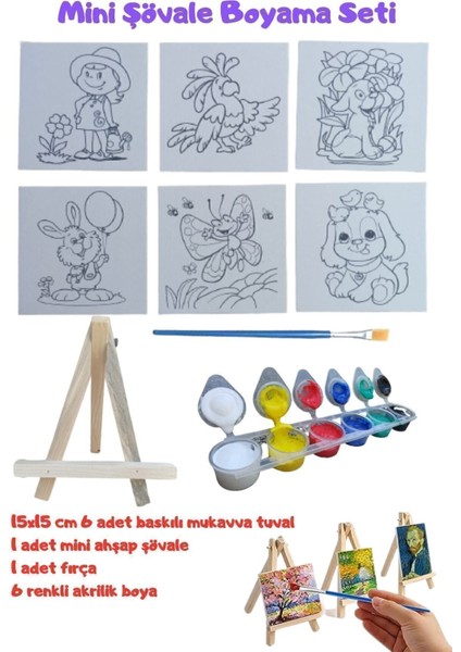 Ahşap Mini Şövale ve Akrilik Boya Seti – Çocuklar İçin 6 Tuval ve 6x10 ml Canlı Renk Boya Başlangıç Paketi modelleri