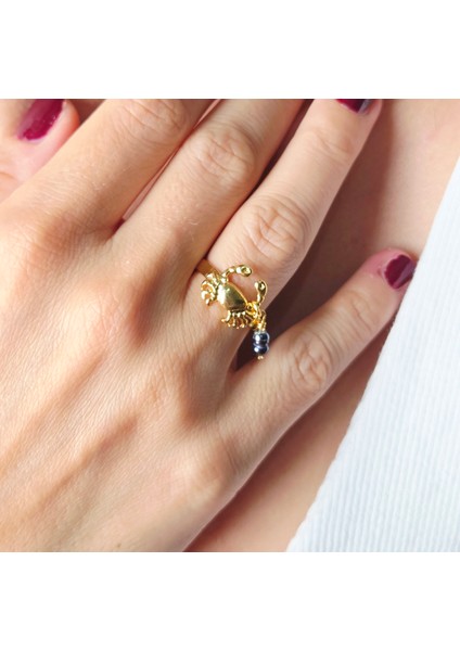 Yengeç Figürlü Altın Kaplama Ayarlanabilir Kadın Yüzük – Siyah Gerçek Inci